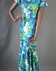 1970s mermaid style Hawaiian print long dress