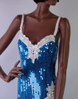 80s Prom Dress Sequined Women's Vintage Turquoise White Paris Sport Club XS/S Dance Party VFG