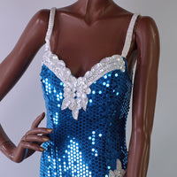 80s Party Dress Sequined Women's Vintage Turquoise & White VFG XS/S