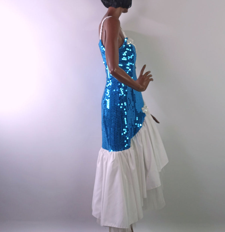 80s Party Dress Sequined Women's Vintage Turquoise & White VFG XS/S