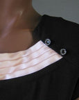 detail, 40s black dress with pink satin and rhinestone trim