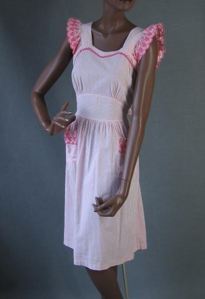 full view, 40s vintage pink and white pinstripe pinafore dress