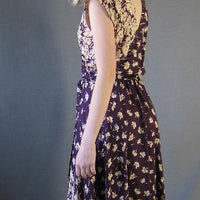 back view, 70s does 30s purple floral print dress