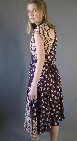 back view, 70s does 30s purple floral print dress