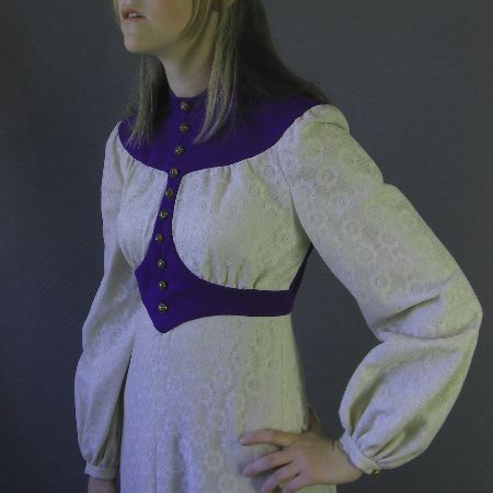 empire waist bodice, white lace maxi dress trimmed in purple