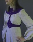 empire waist bodice, white lace maxi dress trimmed in purple