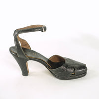 silhouette view, 40s black reptile peeptoe ankle strap heels