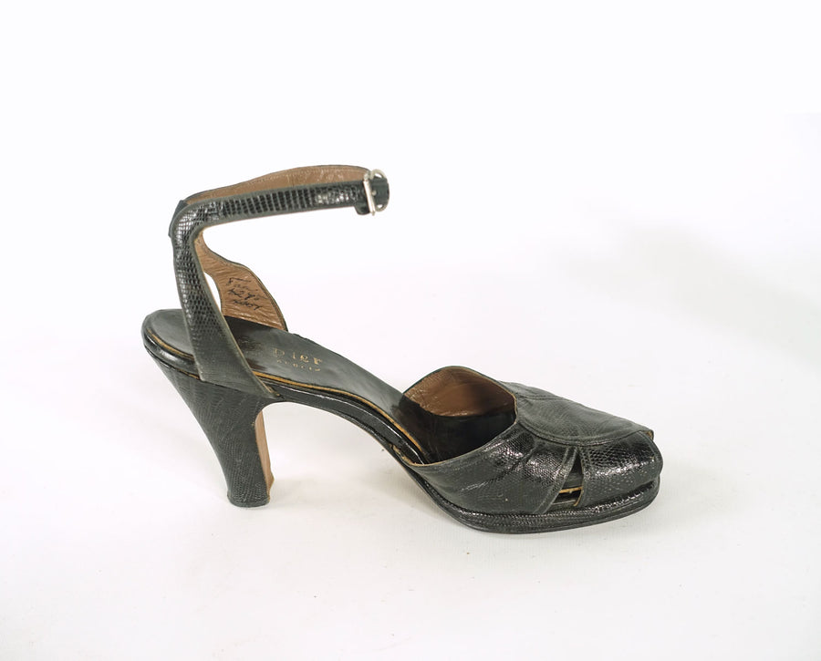 silhouette view, 40s black reptile peeptoe ankle strap heels