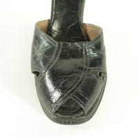 close up detail of 40s snakeskin peeptoe heels