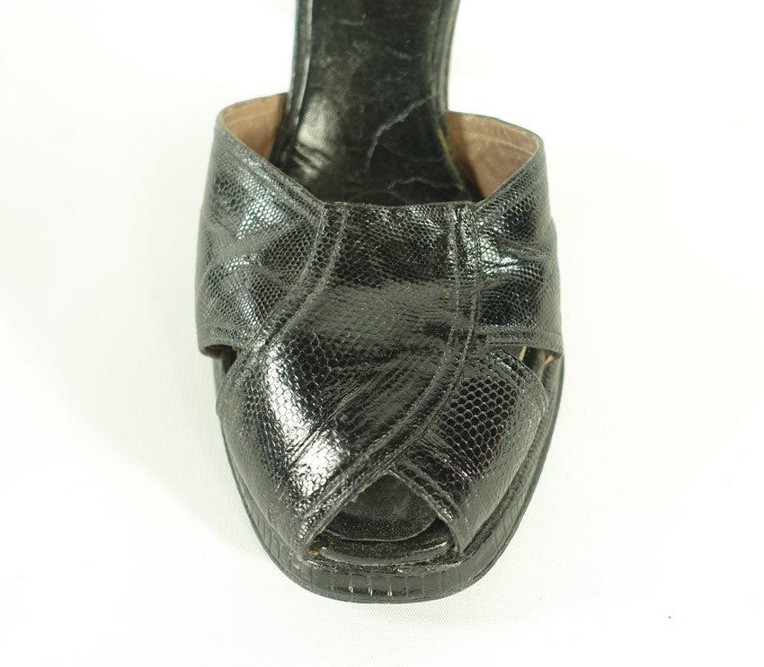 close up detail of 40s snakeskin peeptoe heels