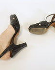 40s reptile peep toe heelss, view of outer sole and as seen on a human foot