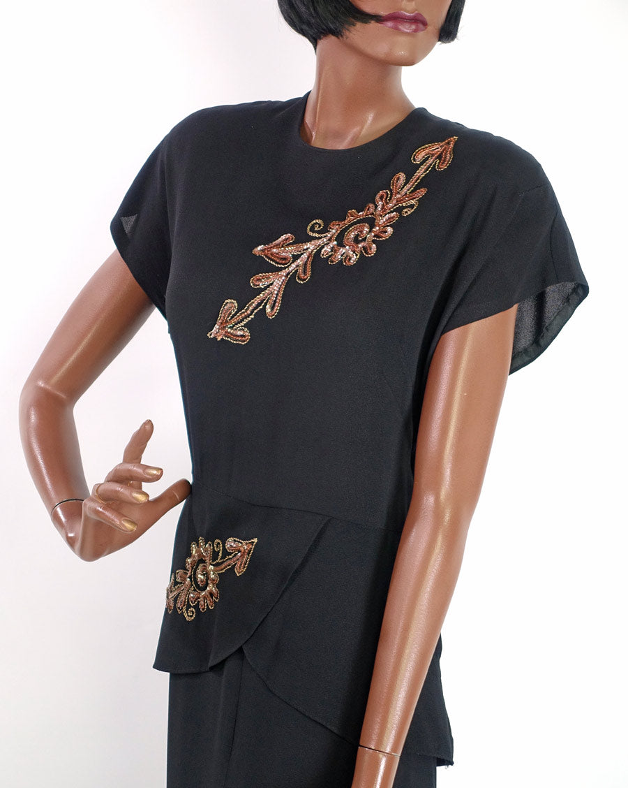 40s Vintage Cocktail Dress Women's Large LBD Sparkly Arrow Accent Peplum VFG 40s Vintage Cocktail Dress Women's Large LBD Sparkly Arrow Accent Peplum VFG