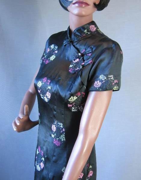 another view of bodice, 60s Shaheen dress, black satin with pastel brocade