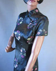 another view of bodice, 60s Shaheen dress, black satin with pastel brocade