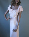 full view of 50s vintage shell pink fitted dress