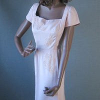 full view of 50s vintage shell pink fitted dress