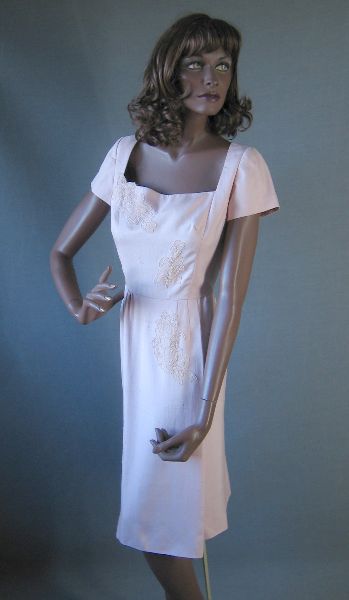 full view of 50s vintage shell pink fitted dress