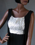 empire bodice of 60s dress, in silver eyelash fabric