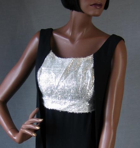 empire bodice of 60s dress, in silver eyelash fabric