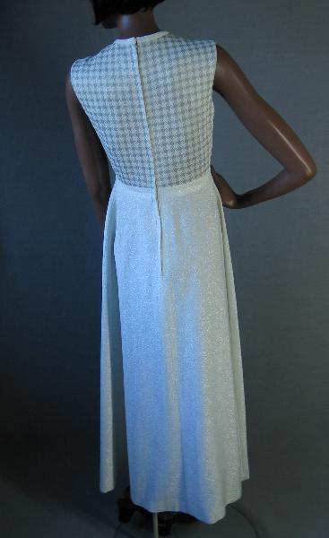 back view, 70s sleeveless long dress in silver & white lurex