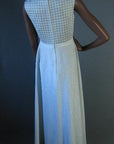 back view, 70s sleeveless long dress in silver & white lurex