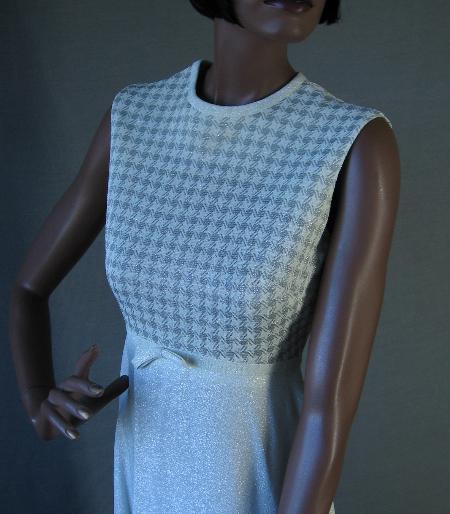 empire waist bodice, silver and white lurex houndstooth pattern