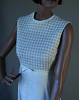 empire waist bodice, silver and white lurex houndstooth pattern