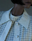 close up detail, oversized collar on cropped houndstooth lurex jacket