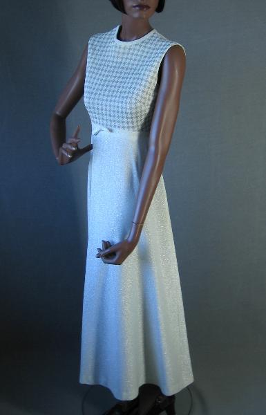 long sleeveless white and silver lurex gown