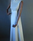 long sleeveless white and silver lurex gown