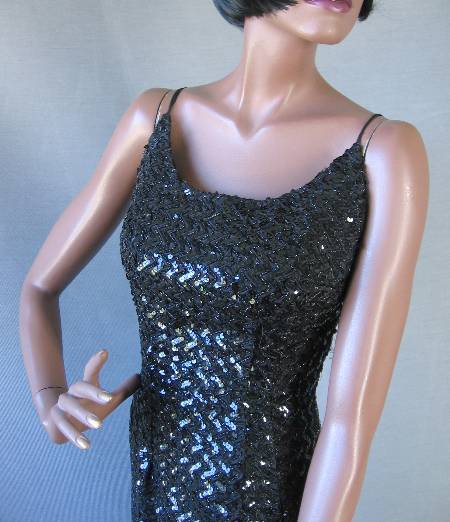 bodice, 1960s fully beaded bombshell black evening gown