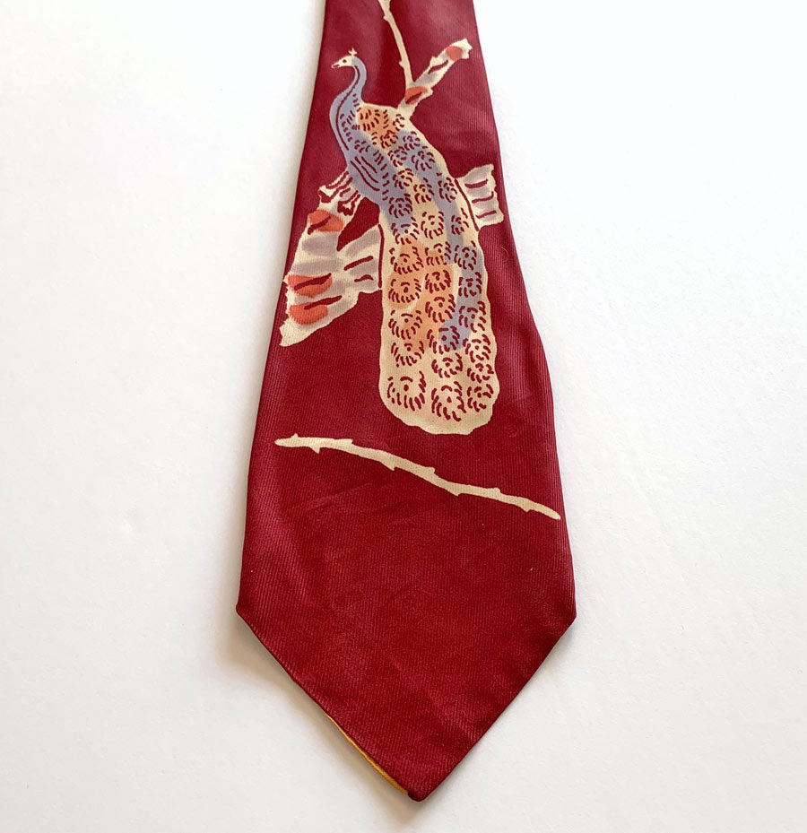 40s vintage necktie featuring peacock on a thorny branch