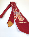 1940s wide maroon necktie with large peacock graphic