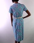 back view, late 50s cotton day dress in geometric print