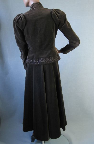 back view, brown velveteen embellished long skirt and jacket