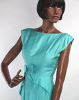 50s Sheath Dress Vintage Aqua 60s Fitted Peplum Draped XS Teri Junior Jerry Miller VFG