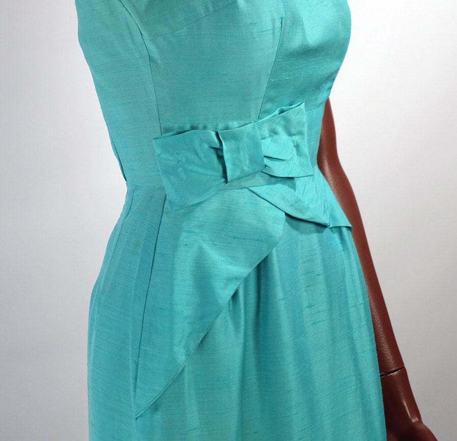 50s 60s Women's Sheath Dress Vintage Aqua Fitted Peplum Drape Details Silk XS VFG