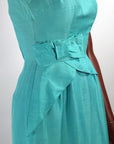 50s Sheath Dress Vintage Aqua 60s Fitted Peplum Draped XS Teri Junior Jerry Miller VFG