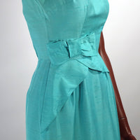 50s 60s Women's Sheath Dress Vintage Aqua Fitted Peplum Drape Details Silk XS VFG