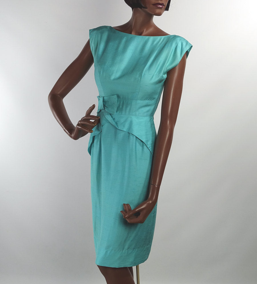 50s 60s Women's Sheath Dress Vintage Aqua Fitted Peplum Drape Details Silk XS VFG