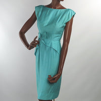 50s 60s Women's Sheath Dress Vintage Aqua Fitted Peplum Drape Details Silk XS VFG