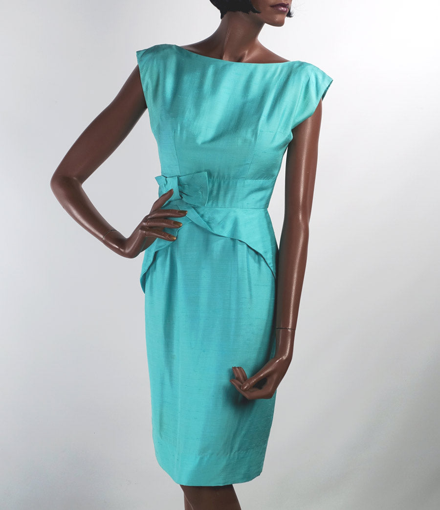 50s 60s Women's Sheath Dress Vintage Aqua Fitted Peplum Drape Details Silk XS VFG