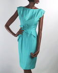 50s Sheath Dress Vintage Aqua 60s Fitted Peplum Draped XS Teri Junior Jerry Miller VFG