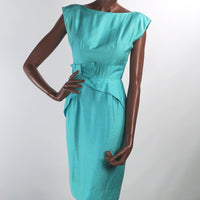 50s 60s Women's Sheath Dress Vintage Aqua Fitted Peplum Drape Details Silk XS VFG