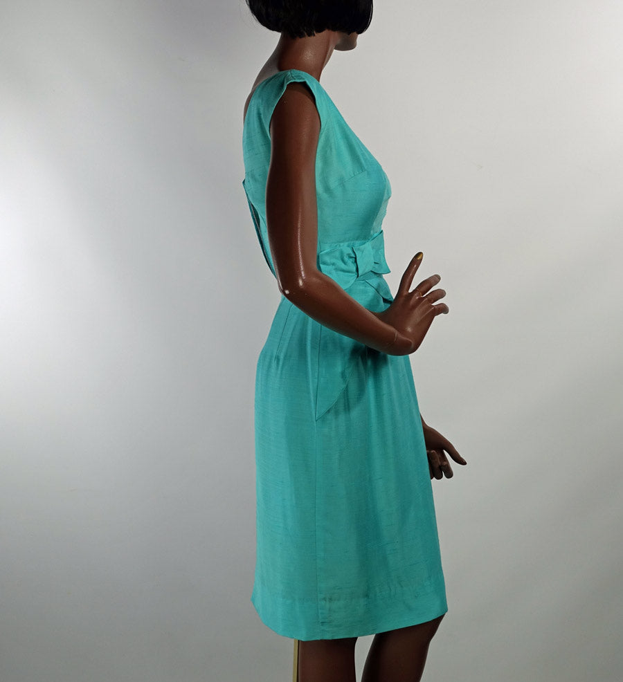 50s Sheath Dress Vintage Aqua 60s Fitted Peplum Draped XS Teri Junior Jerry Miller VFG 50s Sheath Dress Vintage Aqua 60s Fitted Peplum Draped XS Teri Junior Jerry Miller VFG