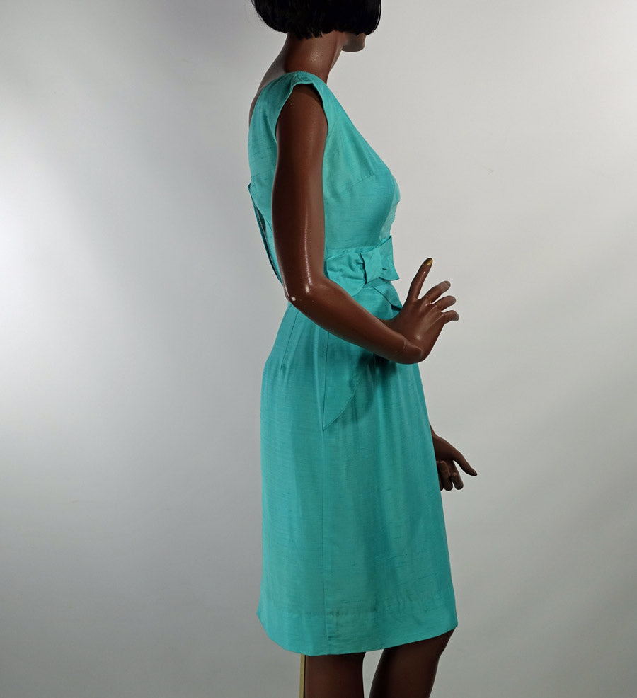 50s 60s Women's Sheath Dress Vintage Aqua Fitted Peplum Drape Details Silk XS VFG