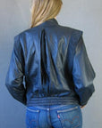 back view, 80s dark blue leather jacket Thriller inspired