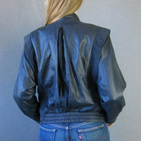 back view, 80s dark blue leather jacket Thriller inspired