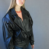 extreme 80s black leather bomber jacket