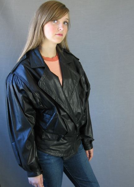 extreme 80s black leather bomber jacket